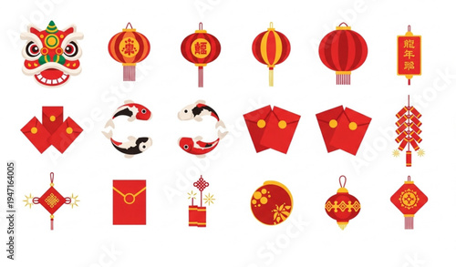 Lunar New Year festival icon set with lion dance head koi fish lantern and red envelope vector