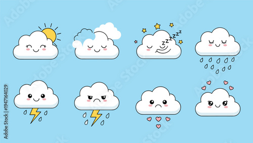 Collection of eight adorable weather cloud characters with different faces and symbols like sun, rain, and lightning is shown on a blue background.