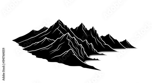 Black and white silhouette of a mountain range with sharp peaks and ridges.