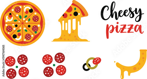 Cheesy Pizza Illustration Set with Whole Pizza, Melting Slice, Pepperoni Toppings and Italian Fast Food Vector Collection