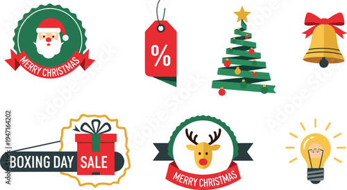 Christmas Holiday Icon Set with Santa Badge, Christmas Tree, Reindeer Label, Sale Tag, Bell and Festive Celebration Vector Illustration