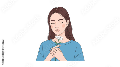 Young woman with long brown hair holds a delicate white flower to her chest while closing her eyes in a moment of peace.