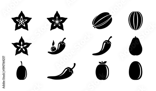 Carambola star fruit and chili pepper silhouette icon set tropical food vector collection