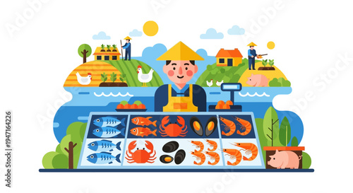 Seafood Market Vendor and Farm-to-Table Supply Chain Illustration. Flat Design Farmer Selling Fresh Fish, Shellfish, and Agricultural Products.