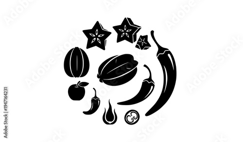 Star fruit carambola and chili pepper silhouette icon bundle tropical food vector set
