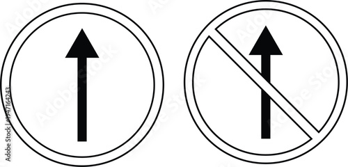 Black and white circular road sign indicating straight ahead or one-way traffic direction, essential for road navigation.