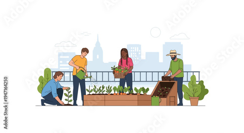 Diverse People Gardening on a Rooftop, Practicing Urban Farming, Sustainability, and Community Agriculture. Flat Illustration.