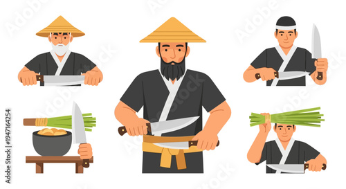 Skilled Asian Chefs and Cooks Handling Kitchen Knives, Preparing Green Onions, and Sharpening Blades. Traditional Culinary Arts Vector Set.
