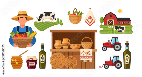 Farming and Agriculture Vector Set: Farmer, Harvest, Barn, Cow, Tractor, Organic Produce, and Rural Market Goods