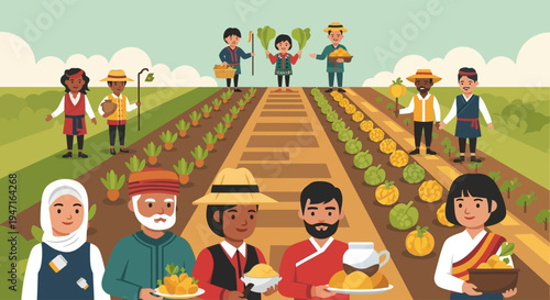 Diverse Global Community of Farmers Harvesting Crops. Multicultural Agricultural Team Working Together in a Field. Flat Vector Illustration.