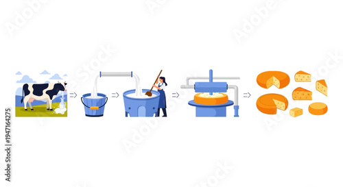 Cheese Making Production Process Diagram: Dairy Manufacturing Steps from Cow to Final Product. Detailed Vector Infographic.