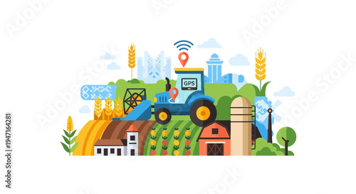 Smart Farming and Precision Agriculture Technology Concept. GPS Tractor Automating Farm Work, Modern AgriTech Landscape Illustration.