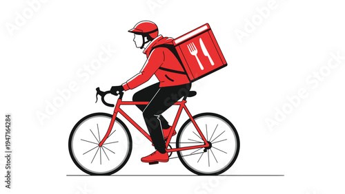 Food delivery courier wearing a red uniform rides a bicycle while carrying a large insulated thermal box on his back.