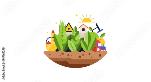 Sustainable Farming and Rural Agriculture Illustration. Eco-friendly organic harvest concept with crops, house, and tractor on soil base.
