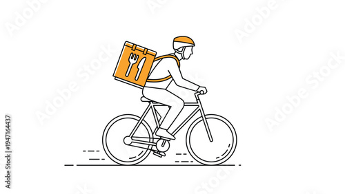 Line art illustration of a delivery man on a bicycle features an orange thermal bag with a fork and knife icon on it.