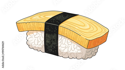 Detailed drawing of a single piece of tamago sushi features a slice of sweet omelet tied to rice with a strip of seaweed.