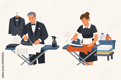 Professional butler in tuxedo and housekeeper in uniform ironing clothes on boards. Flat vector illustration of domestic staff providing laundry service, pressing shirts with steam and care.