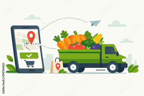 Flat vector illustration of a green delivery truck filled with fresh vegetables like carrots, pumpkin, and tomatoes, ordered via a smartphone app with a map and location pin for grocery delivery.