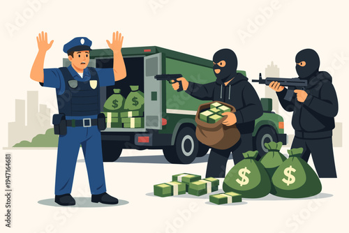 Armed robbers in masks threatening a security guard with guns to steal money from an armored truck, flat vector illustration of a bank heist scene with cash bags and stacks of dollar bills.