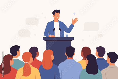 Flat vector illustration of a confident male speaker at a podium delivering a speech to a diverse audience. Concept for public speaking, leadership, business presentation, seminar, and education.