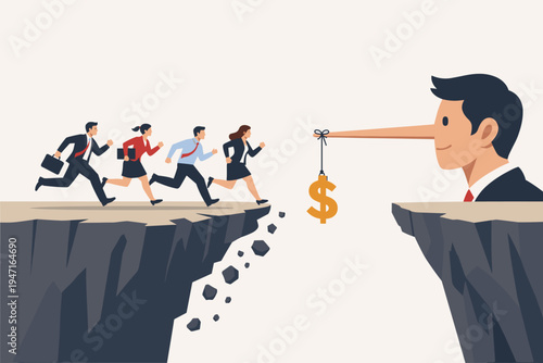 Vector illustration of business people running off a cliff chasing a dollar sign hanging from the long nose of a liar businessman, concept of financial fraud, corporate greed, and deception.