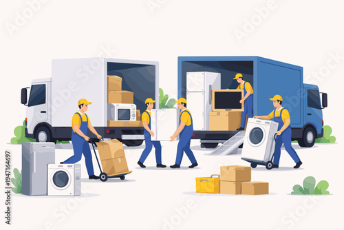Professional movers in blue uniforms loading and unloading household appliances like refrigerators, washing machines, and cardboard boxes from delivery trucks. Flat vector logistics concept.