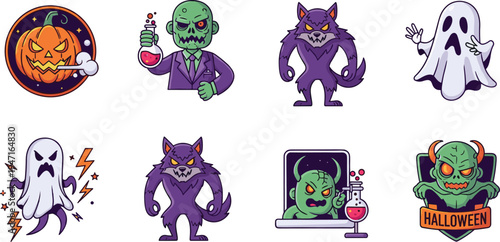 Halloween Monster and Ghost Character Set with Zombie Scientist, Werewolf, Pumpkin Badge and Spooky Halloween Cartoon Vector Illustration