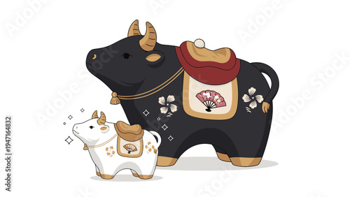 Two decorative cow figurines, one large black and one small white, are adorned with traditional Japanese patterns for New Year.