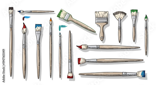 Set of Various Artist Paint Brushes for Painting and Drawing