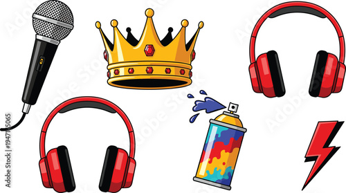 Music and Street Culture Icon Set with Microphone, Headphones, Crown, Spray Paint Can and Lightning Bolt Urban Style Vector Illustration