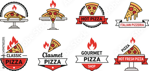Pizza Restaurant Badge and Pizzeria Logo Set with Hot Pizza Slice, Flame Icons and Italian Pizza Shop Vector Illustration