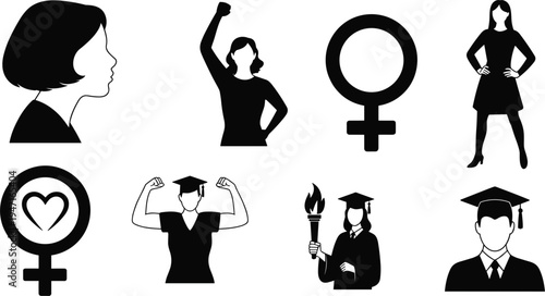 Icons Representing Women's Rights, Education, And Femininity On White Background woman female