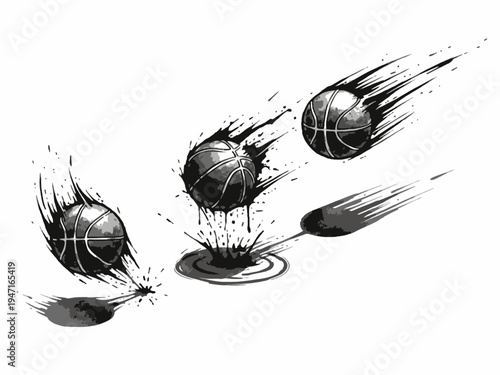 Bouncing Basketball Ink Splash Sequence on White Background