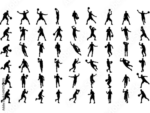 Basketball Player Silhouettes Set with Various Poses on White
