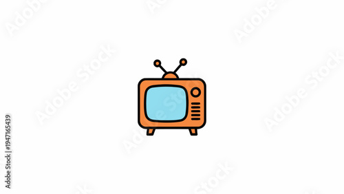 Vintage orange television icon with antenna on white background