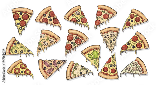 Hand Drawn Pizza Slice Set with Various Toppings