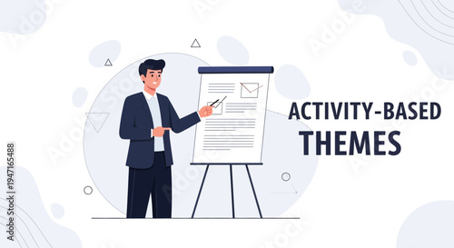 Man presenting activity-based themes on a flip chart, business education concept
