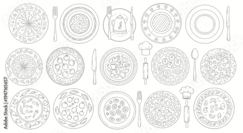 Hand Drawn Dinnerware and Kitchen Utensils Sketch Collection