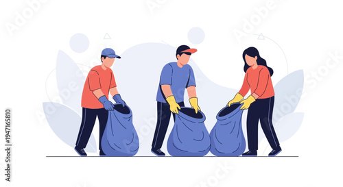 Volunteers collecting trash in blue bags for environmental cleanup