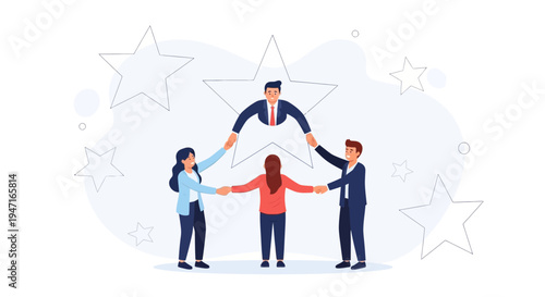 Teamwork success: people forming a star shape, collaboration, unity, leadership