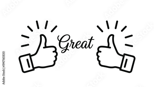 Two thumbs up icons with the word Great in cursive lettering and radiating lines representing success and approval.