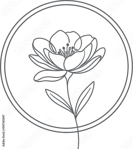 Elegant minimalist continuous line art drawing featuring a beautiful blooming flower enclosed within a simple black circular frame design element.