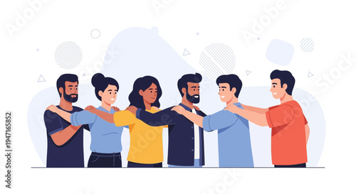 Diverse group of friends standing together with arms around shoulders, symbolizing unity and support