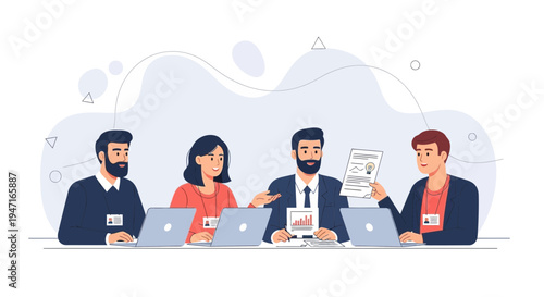 Teamwork meeting: diverse colleagues collaborating with laptops and charts