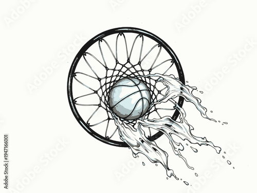 Basketball through net hoop with splash effect top view drawing