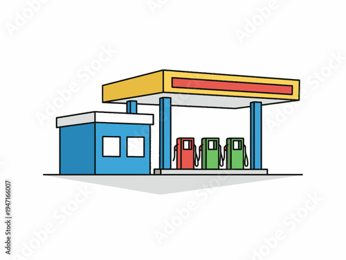 Gas station vector illustration with fuel pumps and service building