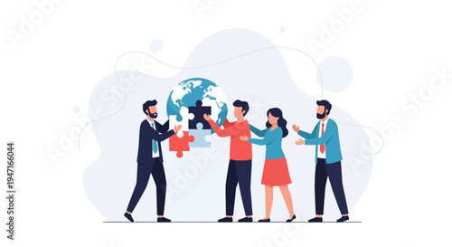 Teamwork assembling global puzzle, business cooperation, international strategy, connection