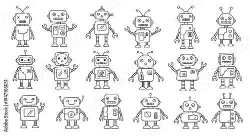 Set of Cute Hand Drawn Robot Characters