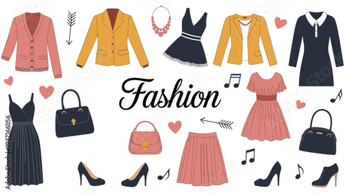 Collection of women's fashion items including dresses, jackets, handbags, shoes, and jewelry with the word Fashion in the center.