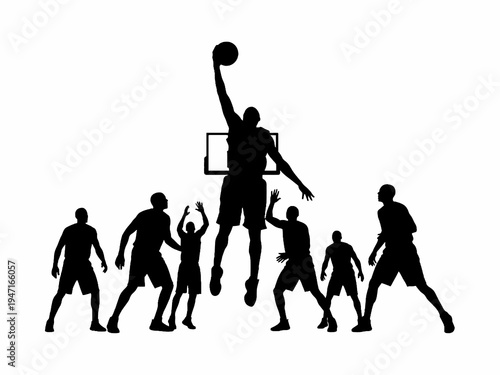 Basketball players silhouette performing slam dunk on white background